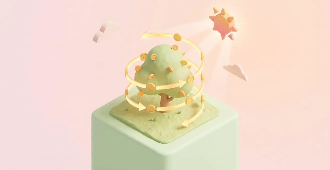 Illustration 3D d'un arbre aux feuilles de pièces d'or entouré d'une spirale lumineuse, symbolisant la croissance du capital retraite dans le temps.