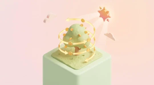 Illustration 3D d'un arbre aux feuilles de pièces d'or entouré d'une spirale lumineuse, symbolisant la croissance du capital retraite dans le temps.