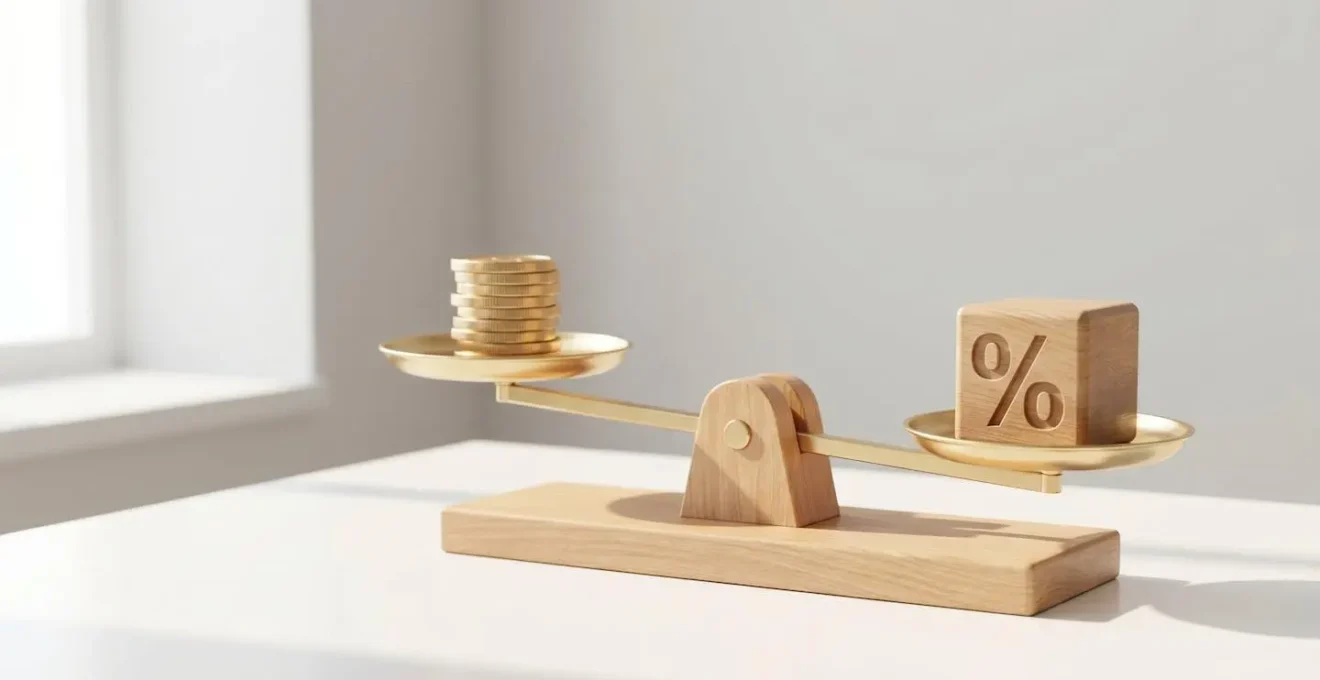 Une balance en bois avec des pièces d'or d'un côté et un symbole pourcent de l'autre, symbolisant l'avantage fiscal du PER.