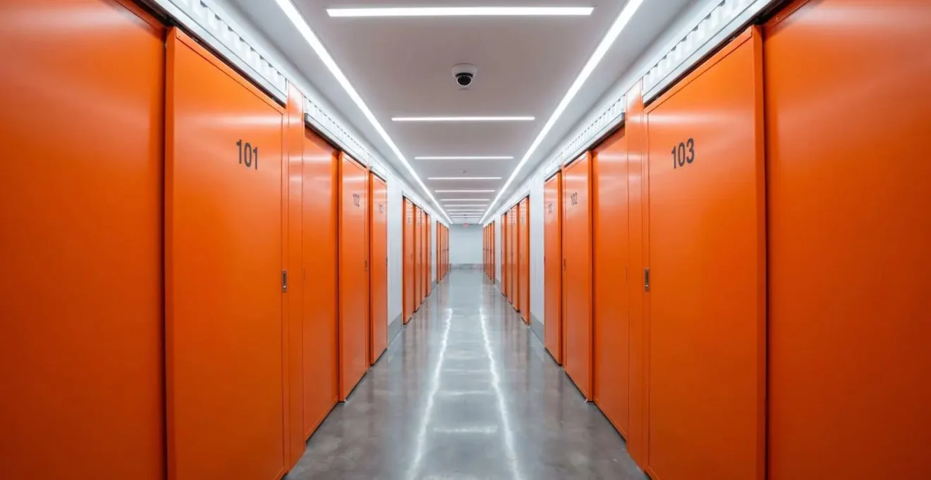 Couloir moderne et sécurisé d'un centre de self-stockage avec portes de boxes orange alignées, éclairage LED et caméra de surveillance au plafond.