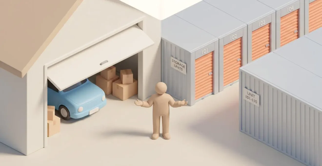 Illustration 3D isométrique montrant un garage individuel d'un côté et un couloir de boxes de self-stockage de l'autre, avec une personne au centre réfléchissant au choix.
