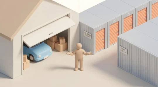 Illustration 3D isométrique montrant un garage individuel d'un côté et un couloir de boxes de self-stockage de l'autre, avec une personne au centre réfléchissant au choix.