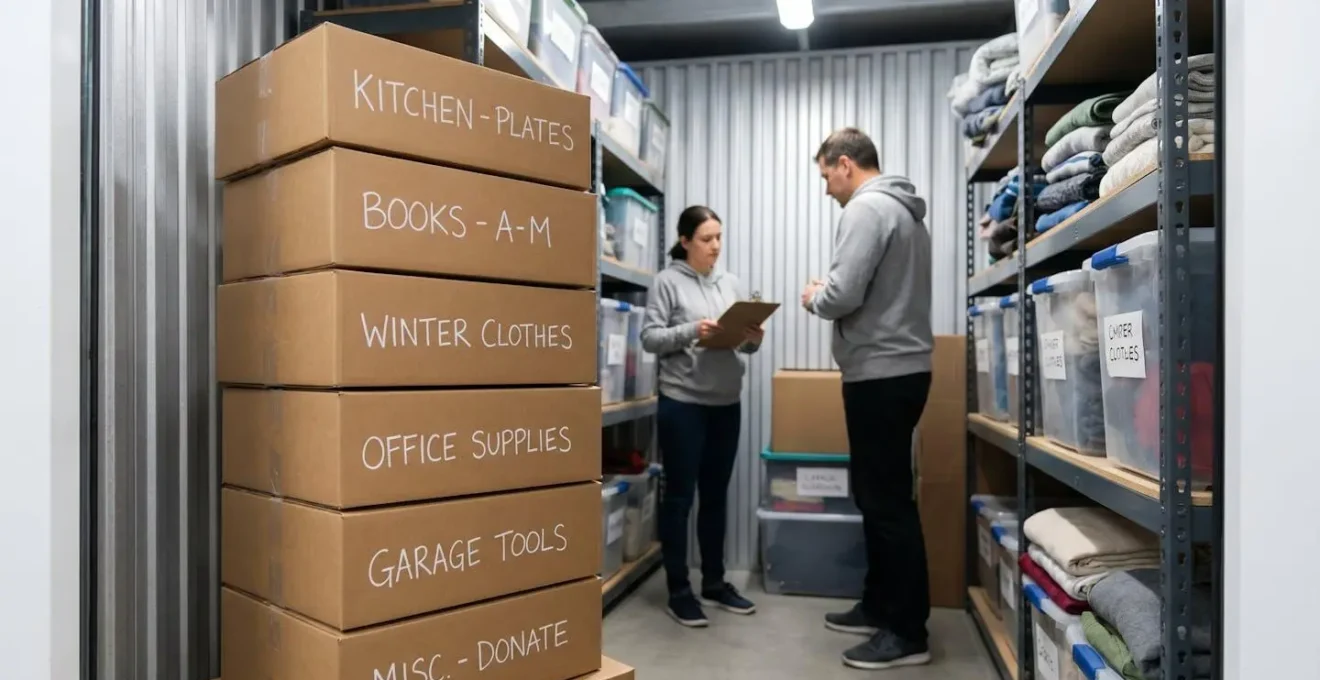 Intérieur organisé d'un box de stockage avec cartons étiquetés empilés et étagères métalliques contenant bacs transparents et housses de protection.