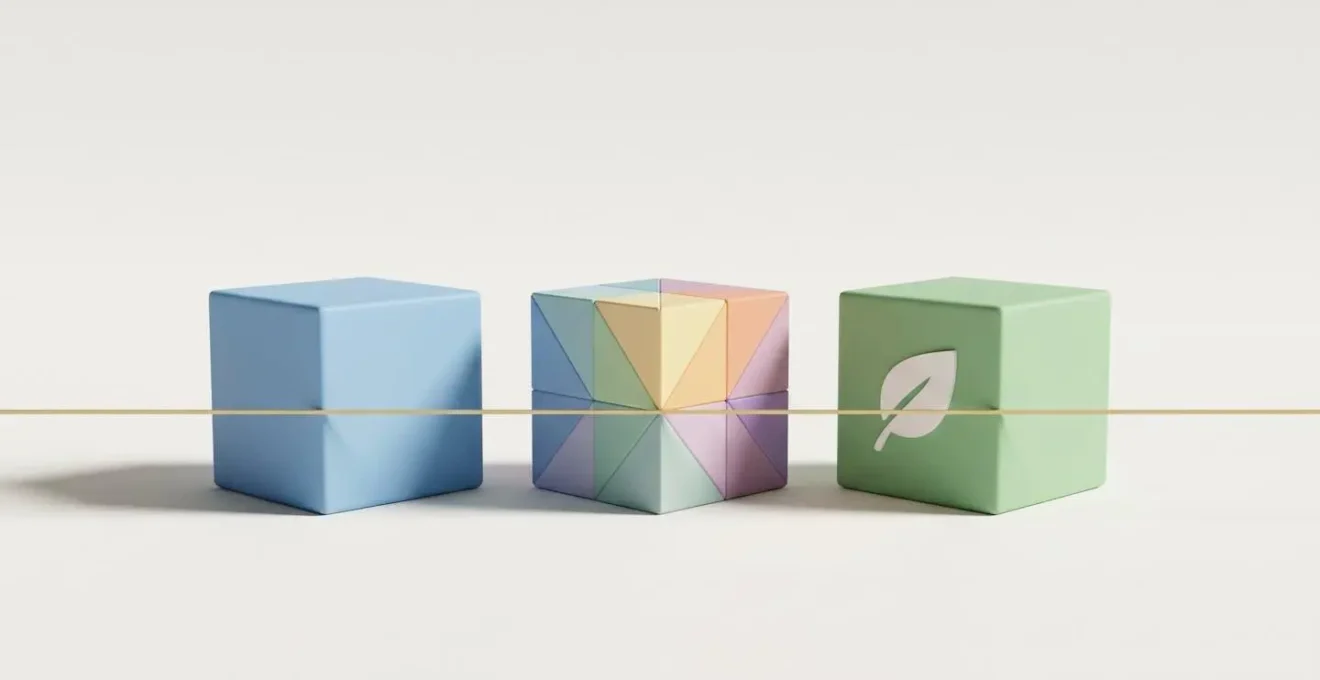 Trois cubes 3D représentant les supports d'investissement du PER : fonds euros en bleu, unités de compte multicolores, et ISR en vert.